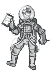 A drawing of Princeton in an astronaut suit, holding a pen and pad.