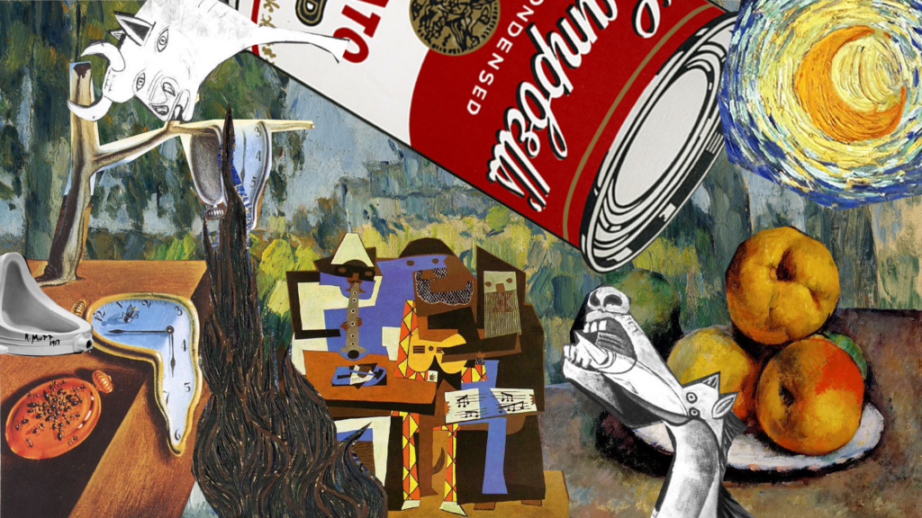 A collage depicting various famous paintings from the twentieth century, including Warhol's soup cans, Picasso's Guernica, Cezanne's still lifes, and Dali's Persistence of Memory. 